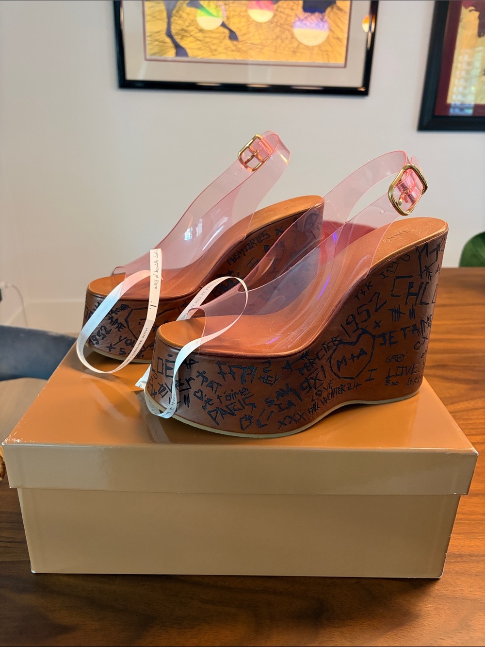 Chloe Transparent Pink Slingback Wedge Sandals with Graffiti-Print Platform